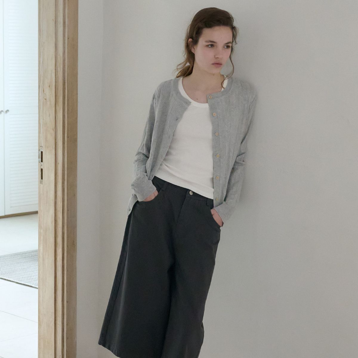 엘씨브이(LCVE) EYELET STITCH KNIT CARDIGAN_LIGHT GRAY