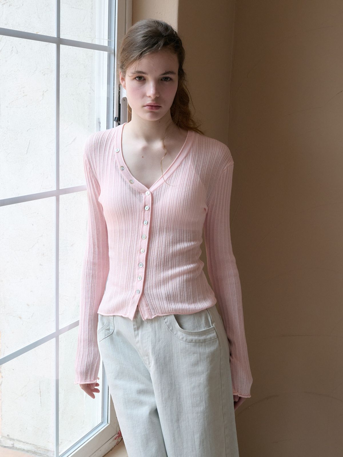 엘씨브이(LCVE) V-NECK BUTTON KNIT CARDIGAN_PINK