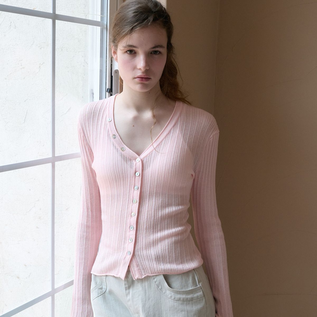 엘씨브이(LCVE) V-NECK BUTTON KNIT CARDIGAN_PINK