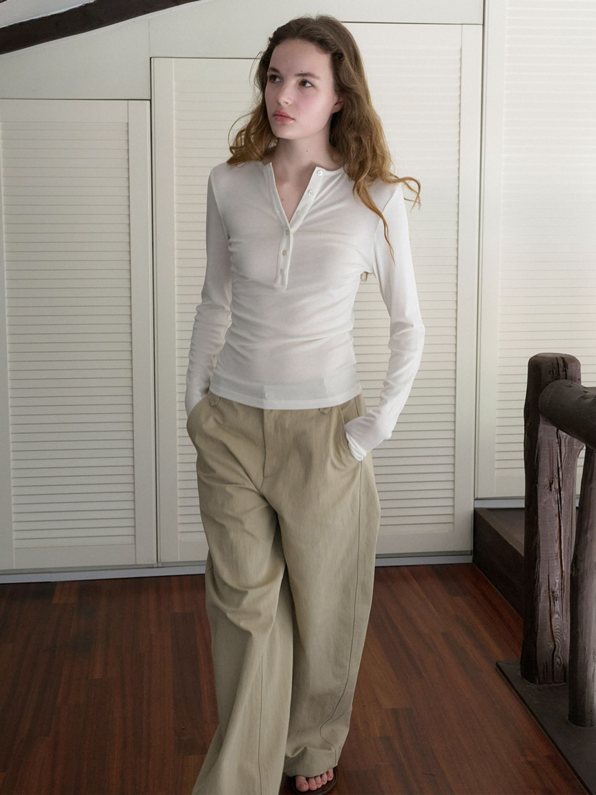 엘씨브이(LCVE) HENLEY NECK SOFT T-SHIRT_IVORY
