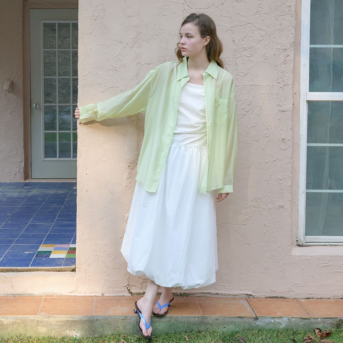 엘씨브이(LCVE) SEE-THROUGH TENCEL SILKY SHIRT_LIME
