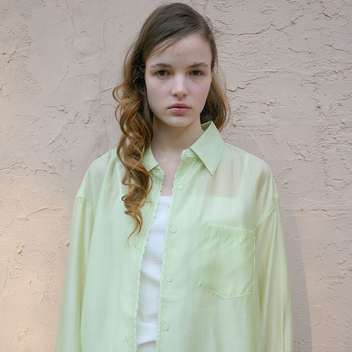 엘씨브이(LCVE) SEE-THROUGH TENCEL SILKY SHIRT_LIME