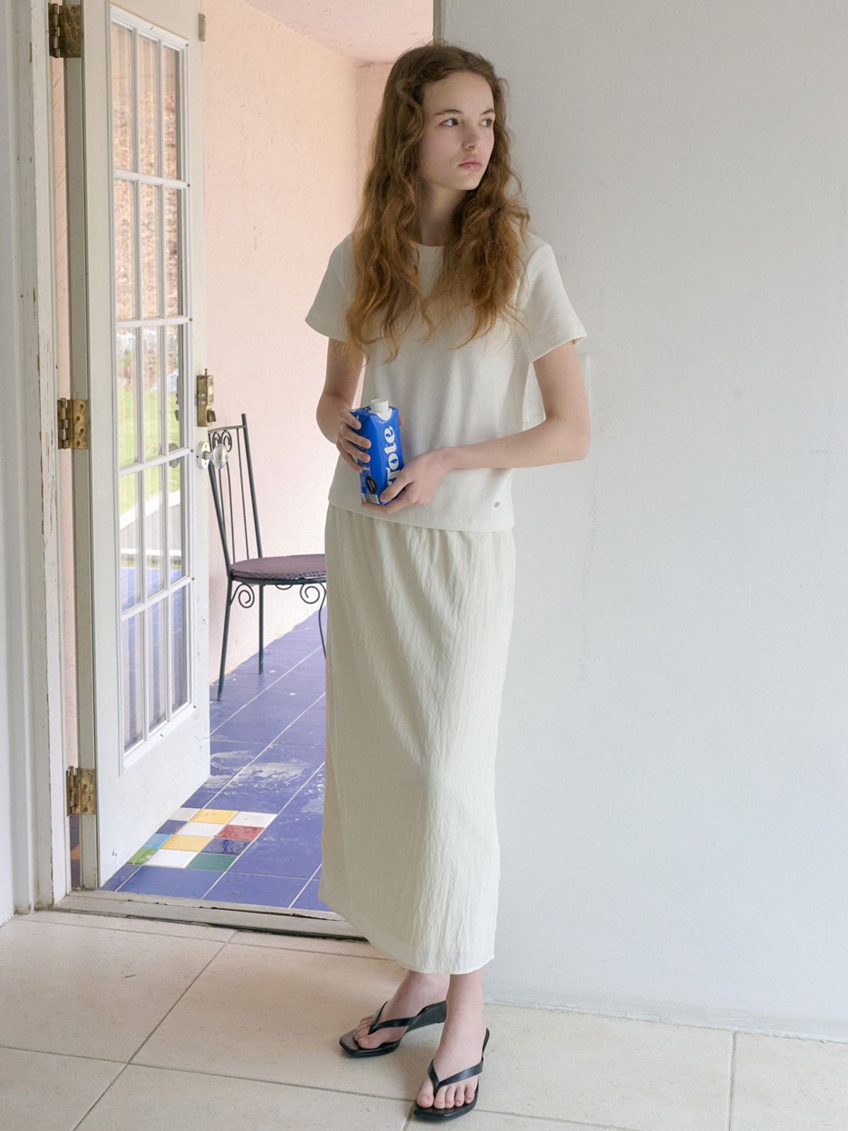 엘씨브이(LCVE) SHIRRED WAIST MIDI SKIRT_IVORY