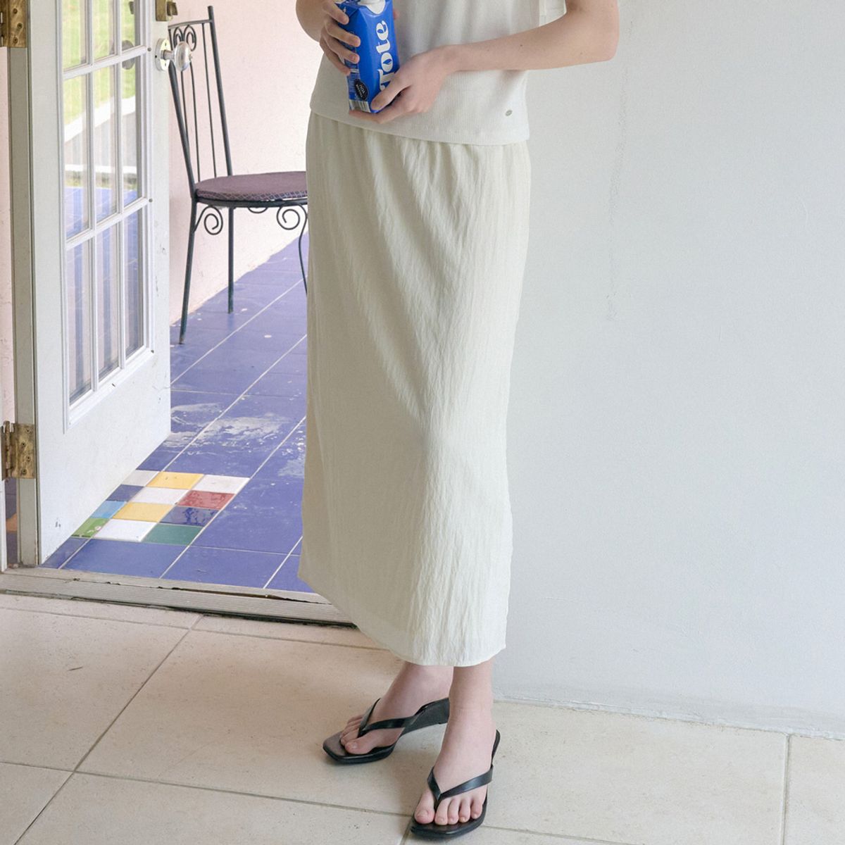 엘씨브이(LCVE) SHIRRED WAIST MIDI SKIRT_IVORY