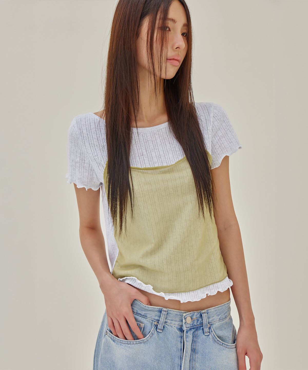 런던다다(LONDONDADA) Mesh Halter Layered T-Shirt, W.MELANGE