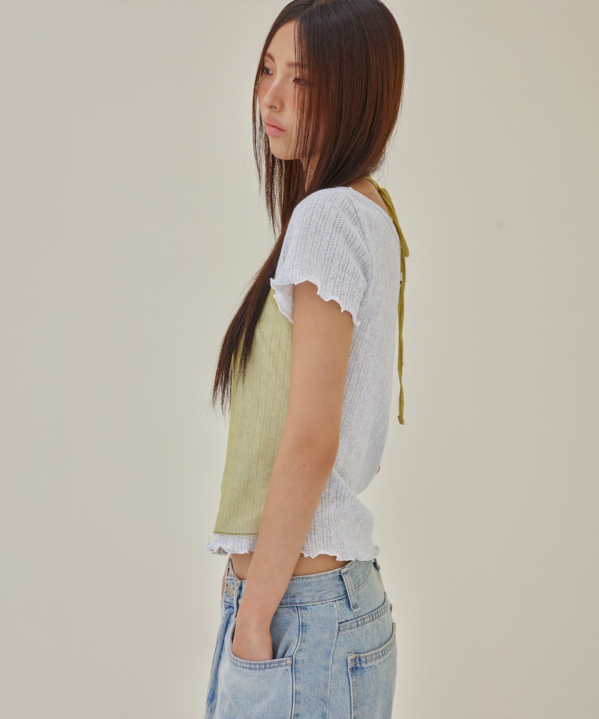 런던다다(LONDONDADA) Mesh Halter Layered T-Shirt, W.MELANGE