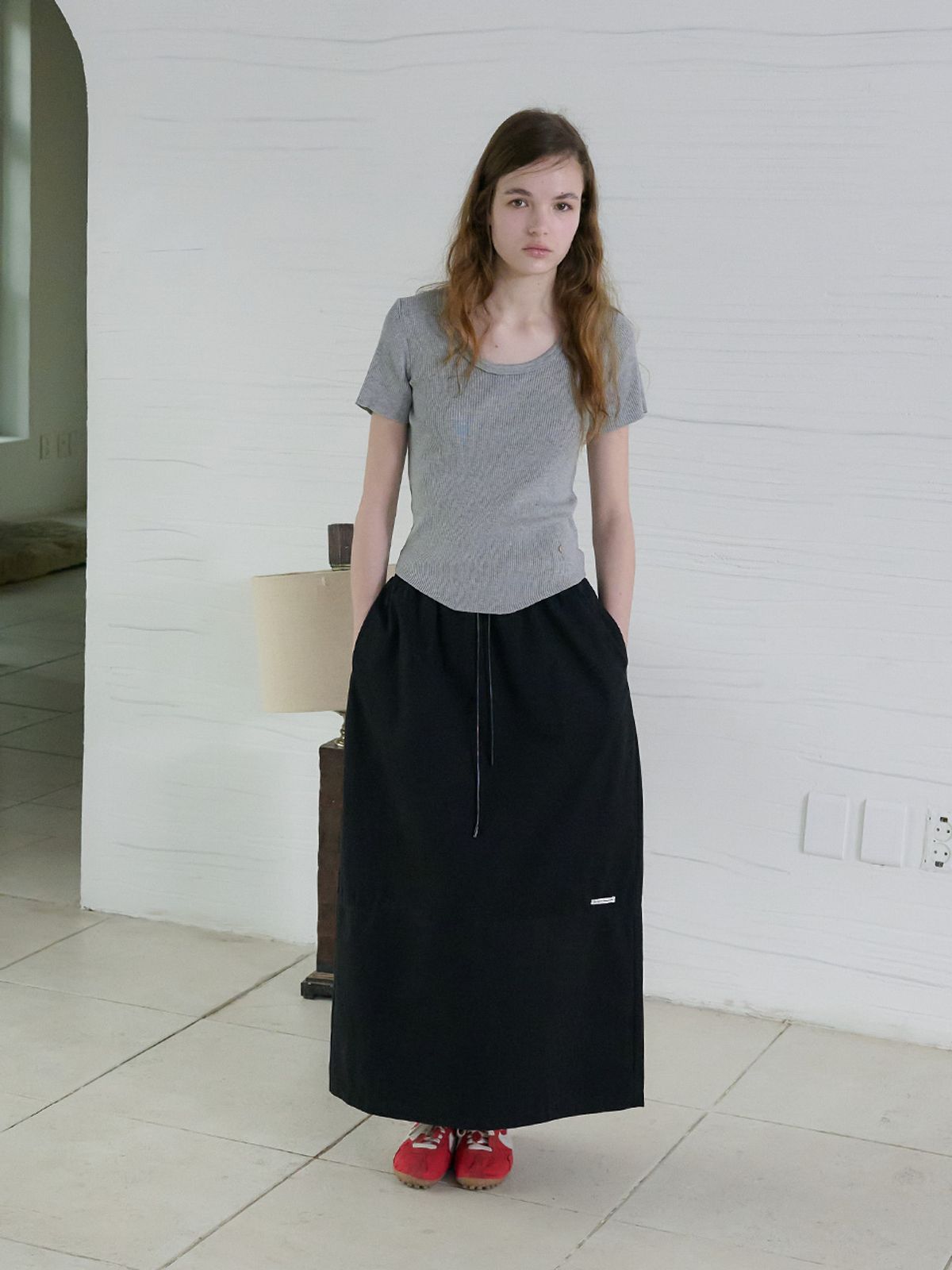 엘씨브이(LCVE) DRAWSTRING MAXI LONG SKIRT_BLACK