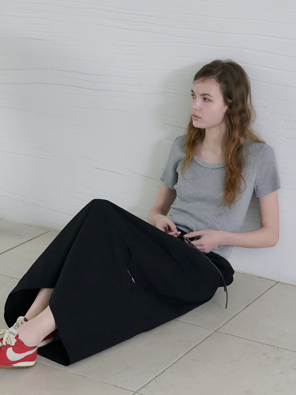 엘씨브이(LCVE) DRAWSTRING MAXI LONG SKIRT_BLACK