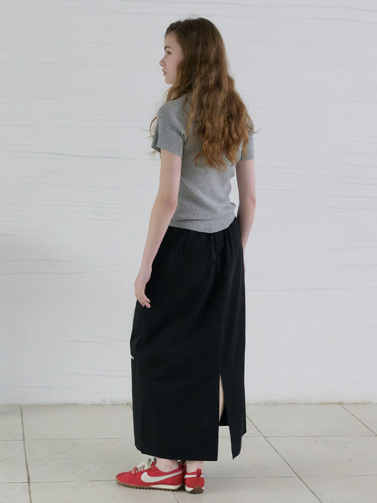 엘씨브이(LCVE) DRAWSTRING MAXI LONG SKIRT_BLACK