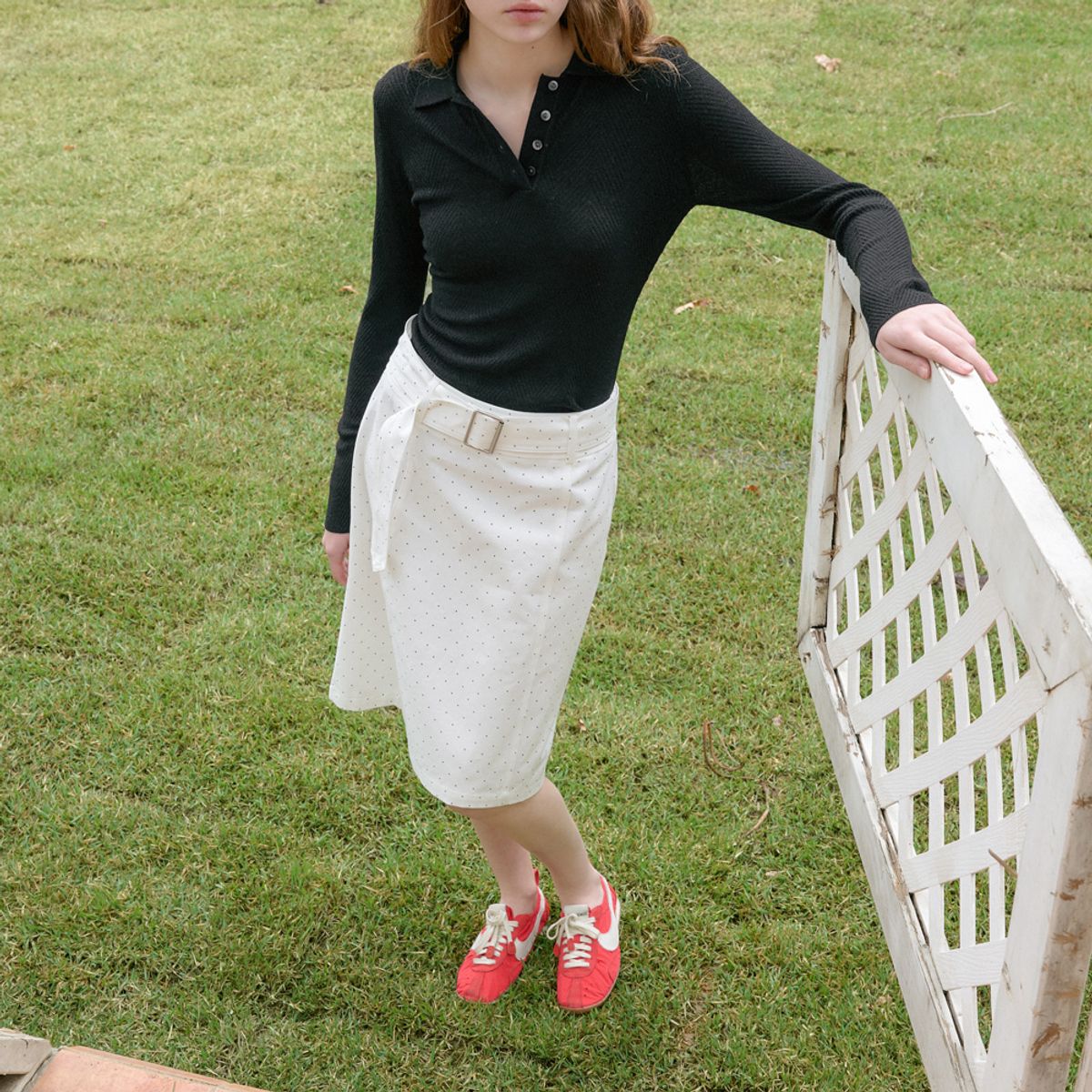 엘씨브이(LCVE) POLKA DOT BELTED SKIRT_WHITE