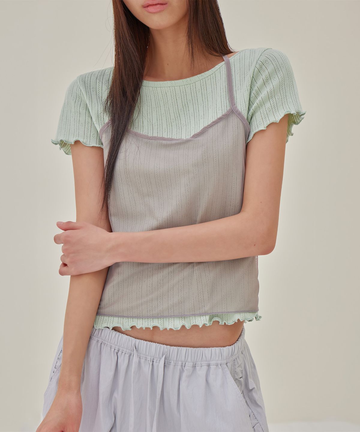 런던다다(LONDONDADA) Mesh Halter Layered T-Shirt, SAGE GREEN