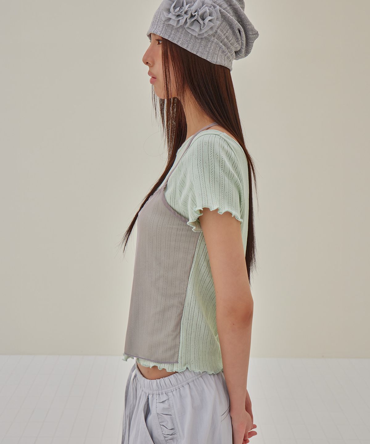런던다다(LONDONDADA) Mesh Halter Layered T-Shirt, SAGE GREEN