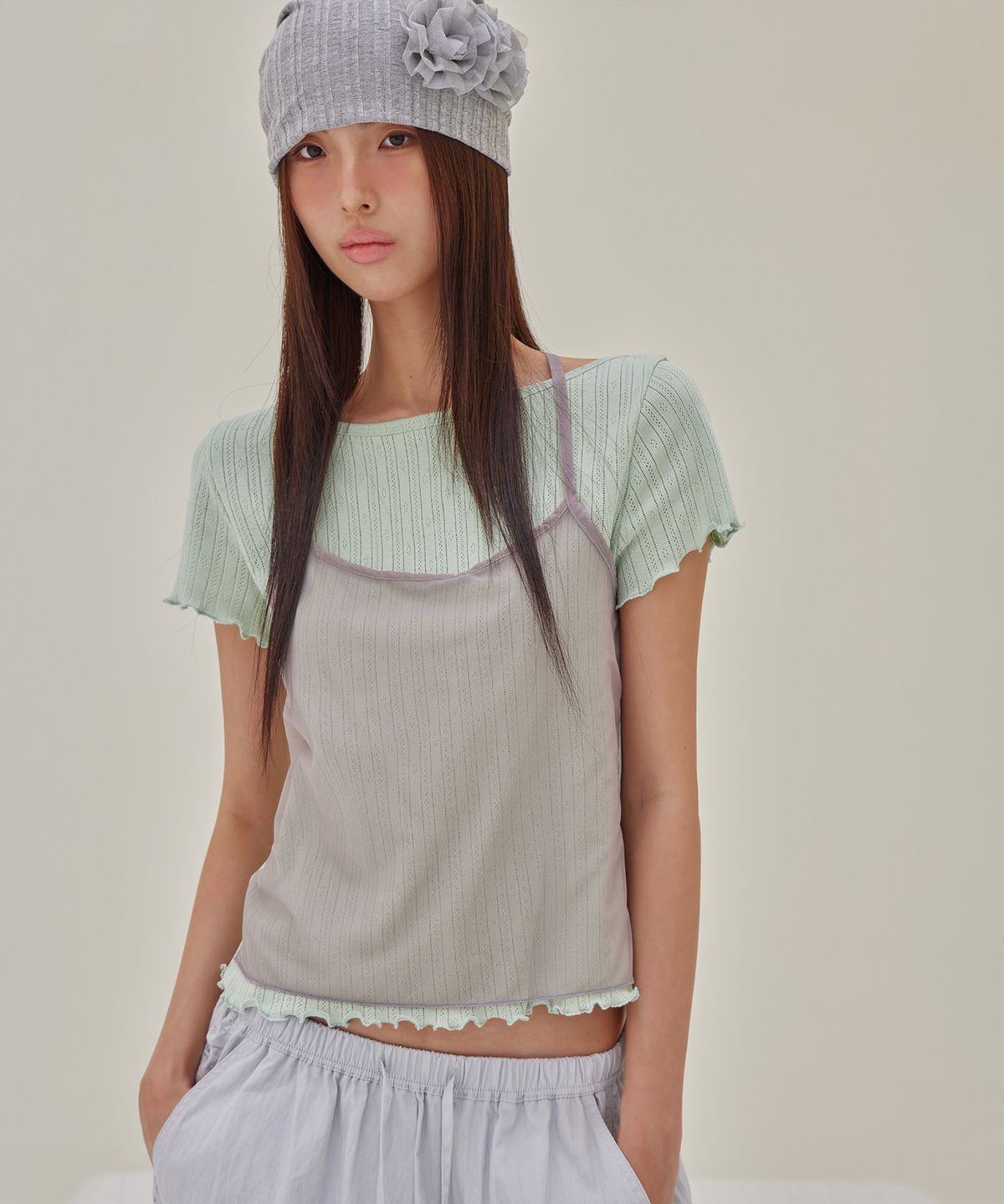 런던다다(LONDONDADA) Mesh Halter Layered T-Shirt, SAGE GREEN