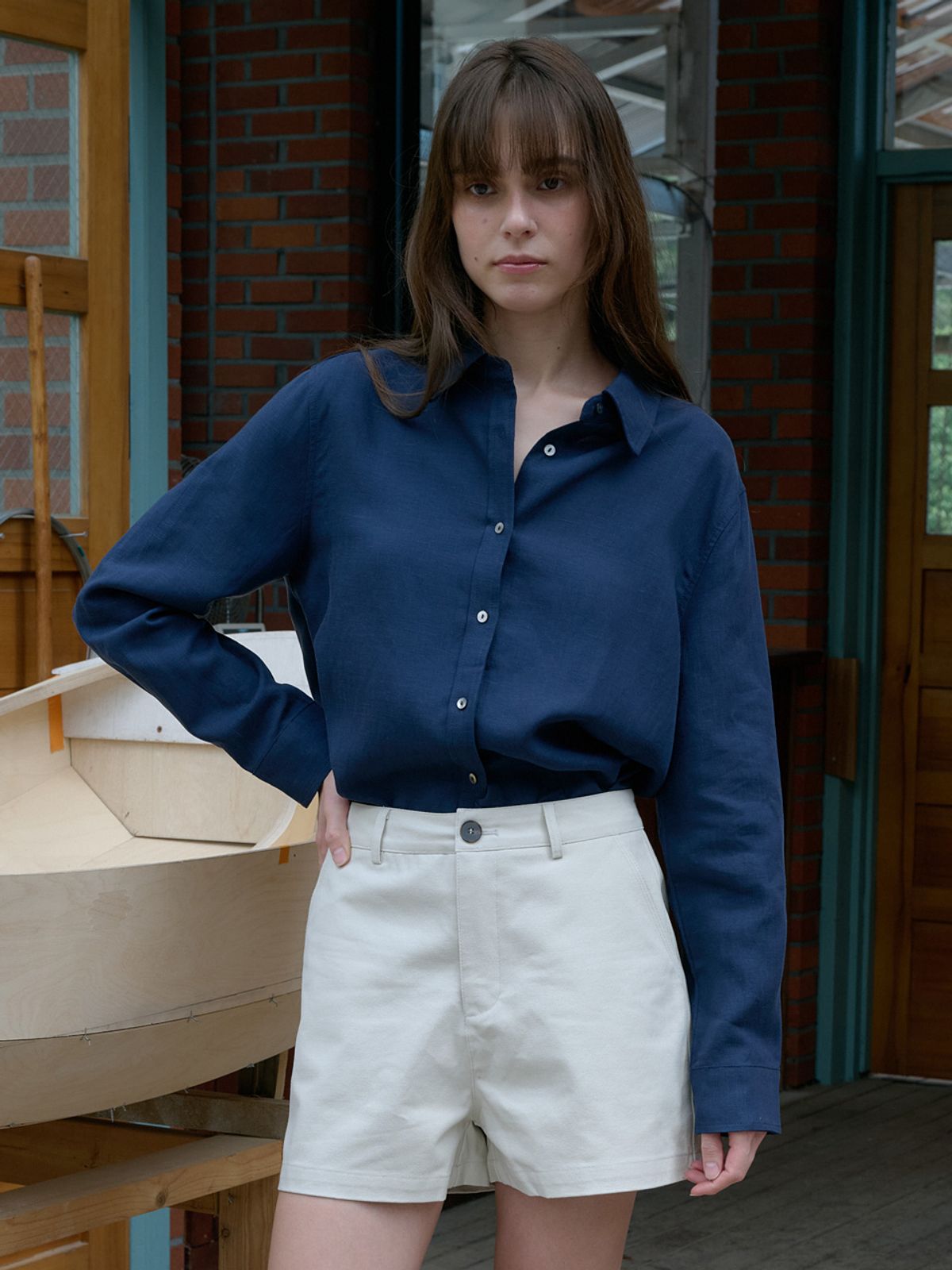 엘씨브이(LCVE) LINEN BLEND BASIC SHIRT_NAVY