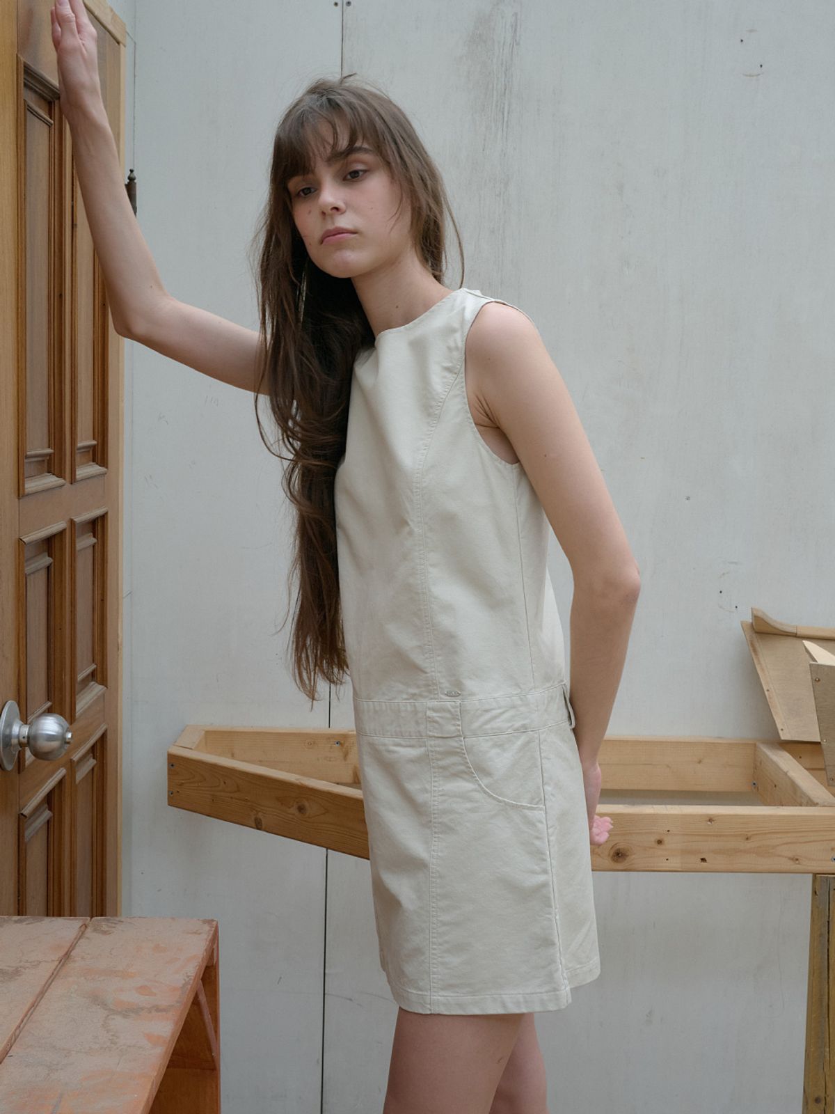 엘씨브이(LCVE) COTTON FLAT MINI DRESS_LIGHT BEIGE