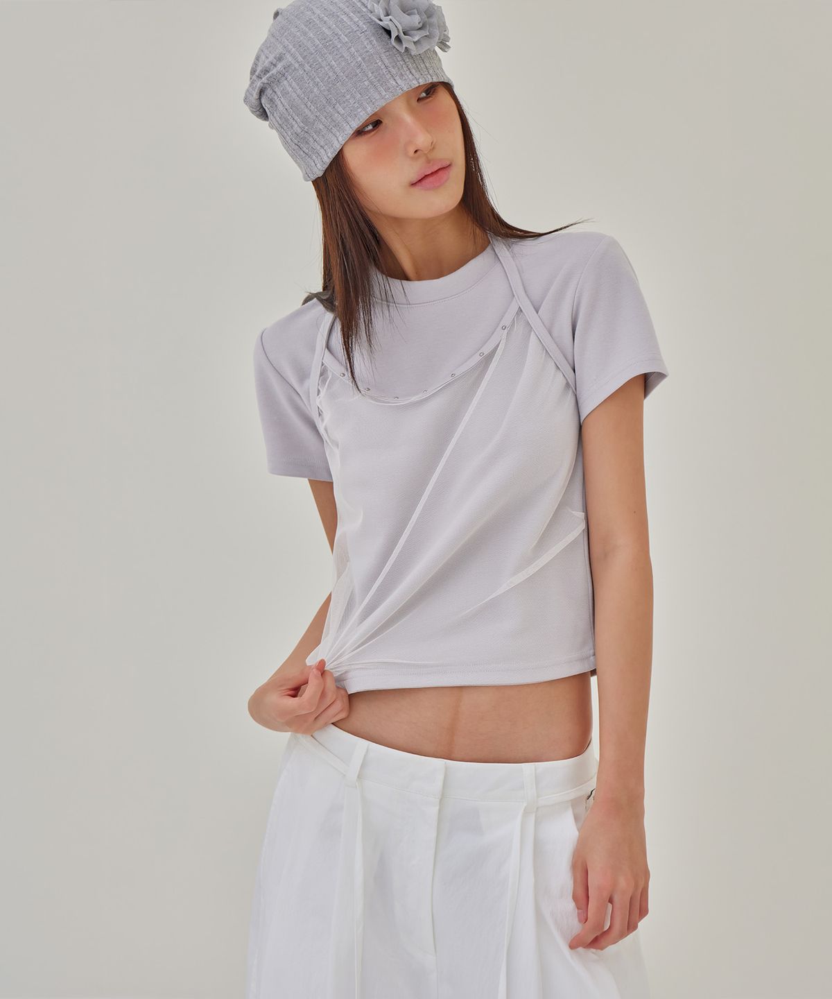 런던다다(LONDONDADA) Stud Mesh Halter Layered T-Shirt, CLOUD