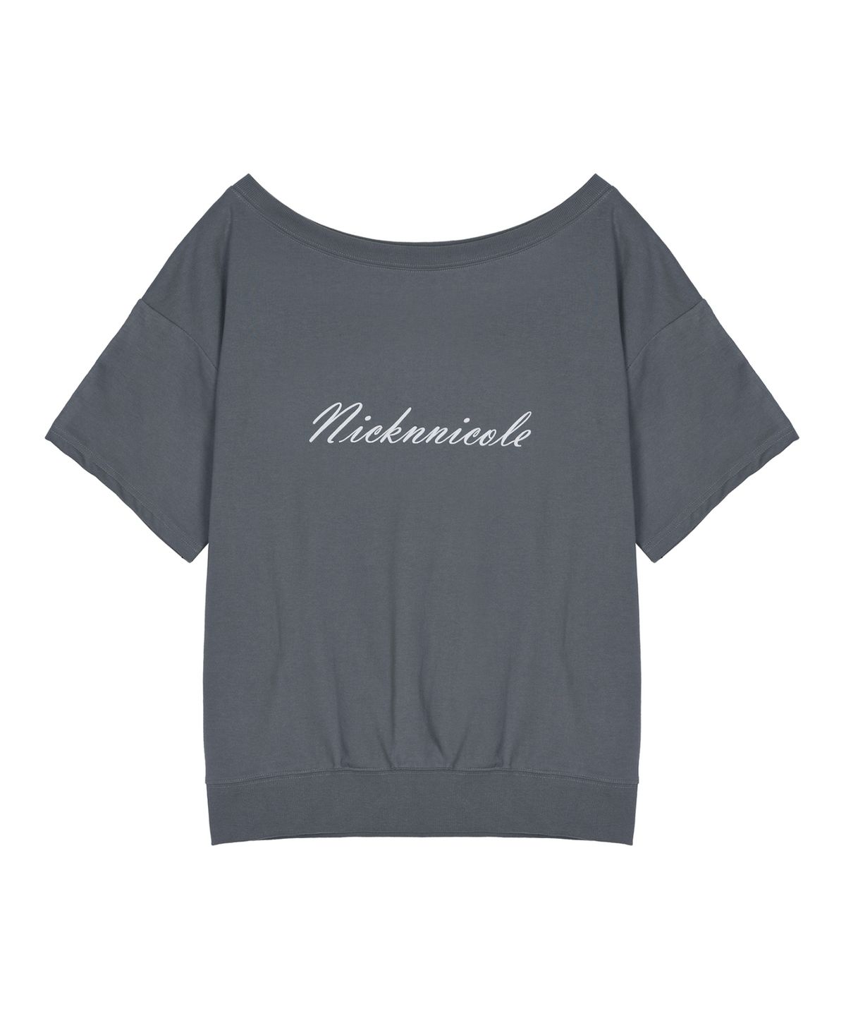 닉앤니콜(NICK&NICOLE) OFF SHOULDER LETTERING SWEAT TOP_CHARCOAL