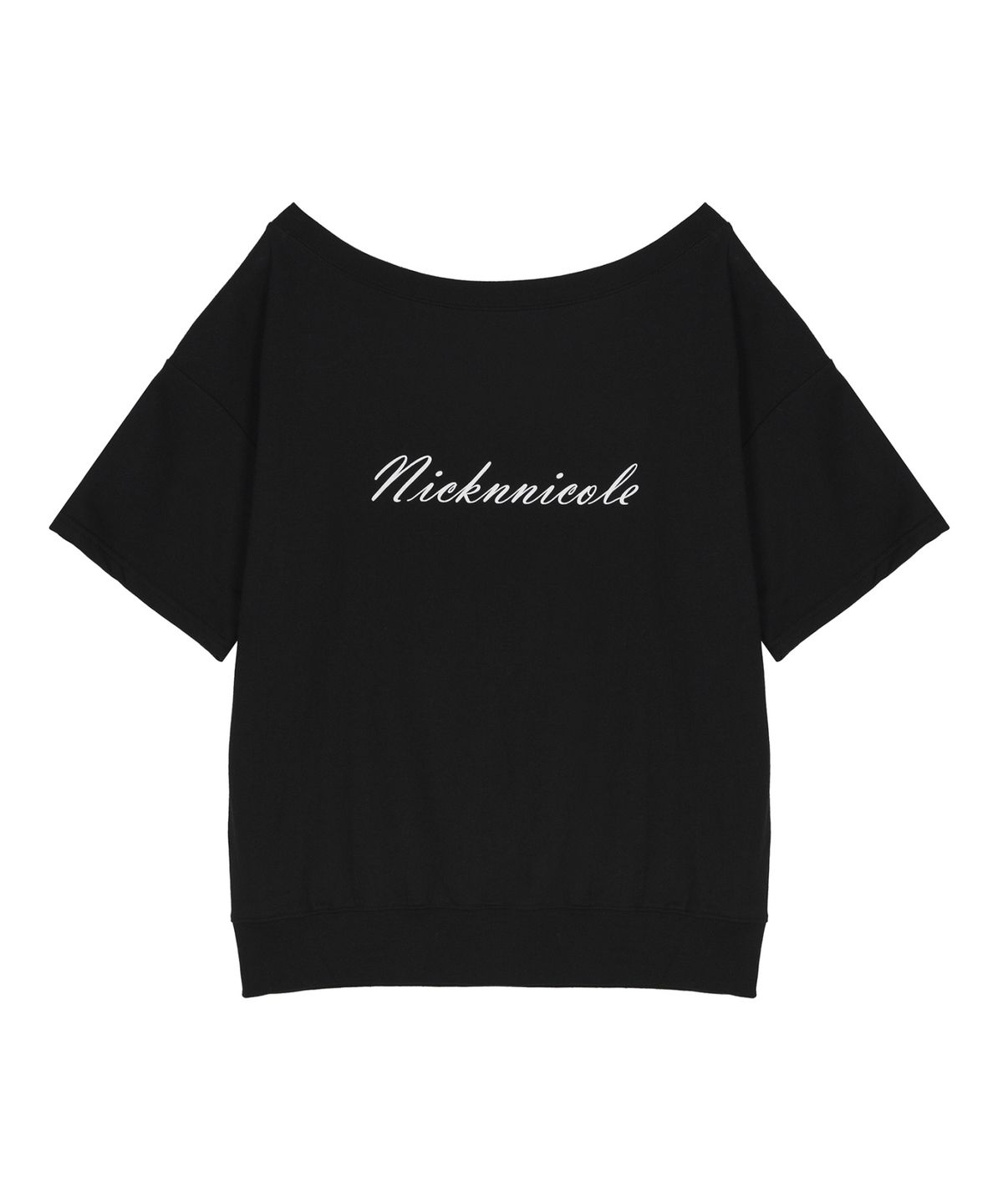 닉앤니콜(NICK&NICOLE) OFF SHOULDER LETTERING SWEAT TOP_BLACK