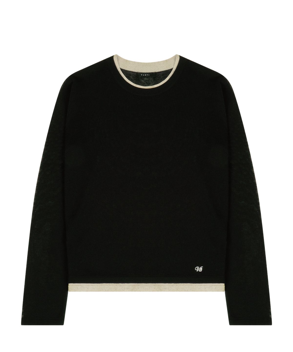 블레티(VLETI) Linen Blend Contrast Layered Embroidery Knit (black)