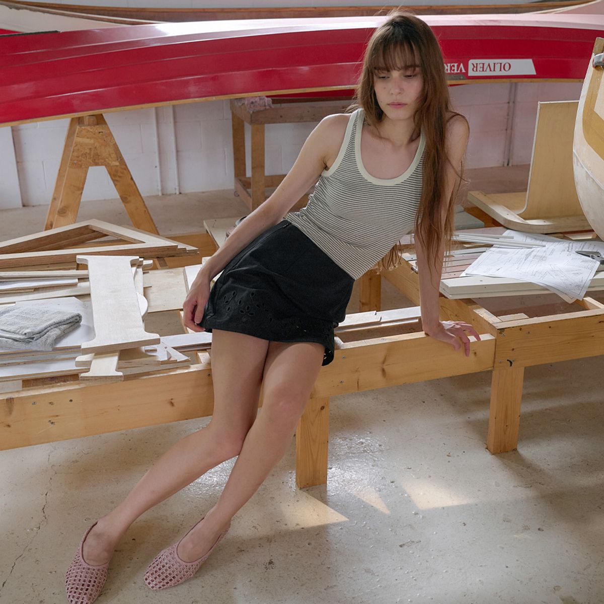 엘씨브이(LCVE) STRIPE U-NECK SLEEVELESS TOP_IVORY