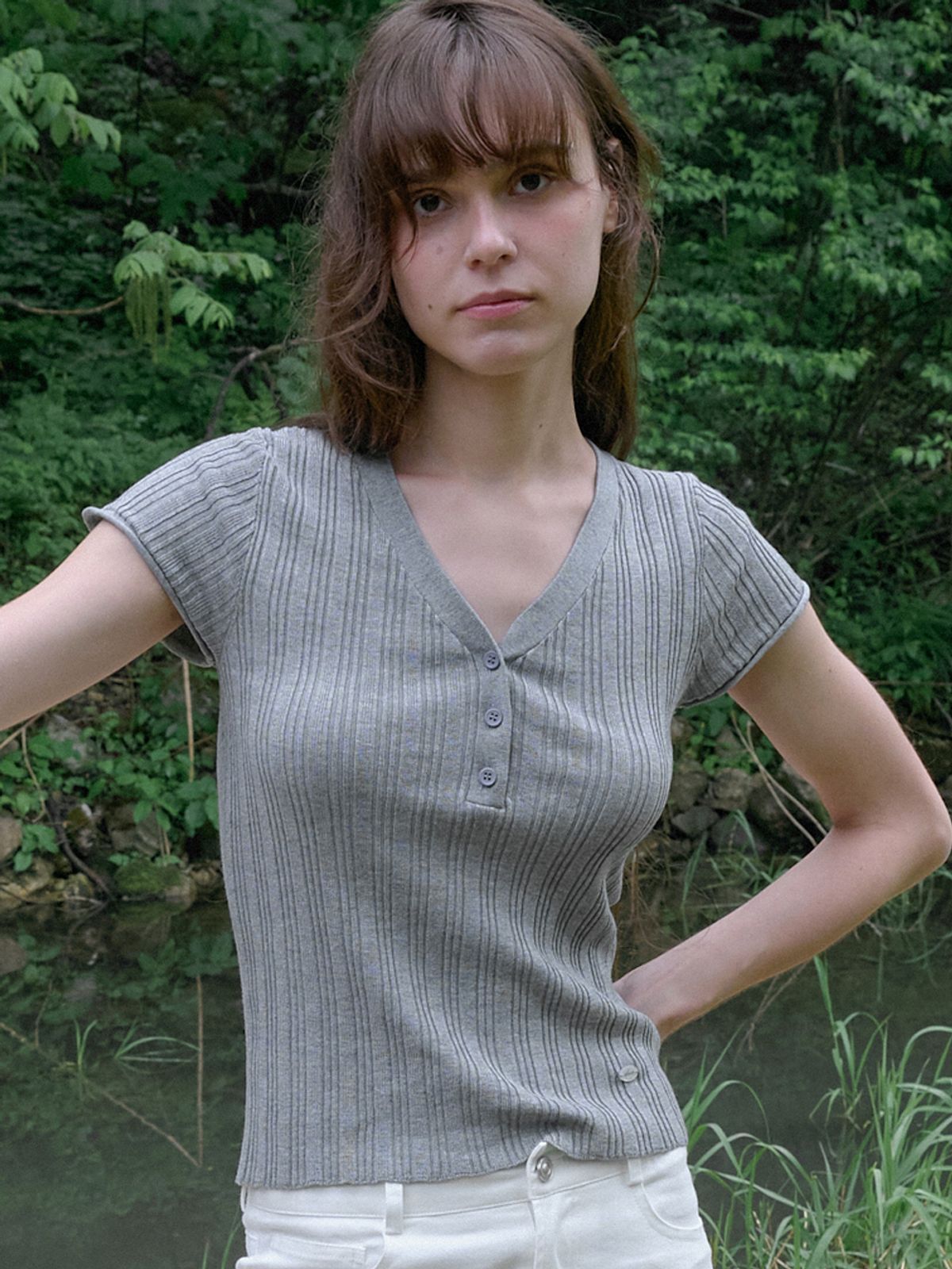 엘씨브이(LCVE) TENCEL V-NECK BUTTON KNIT_GRAY