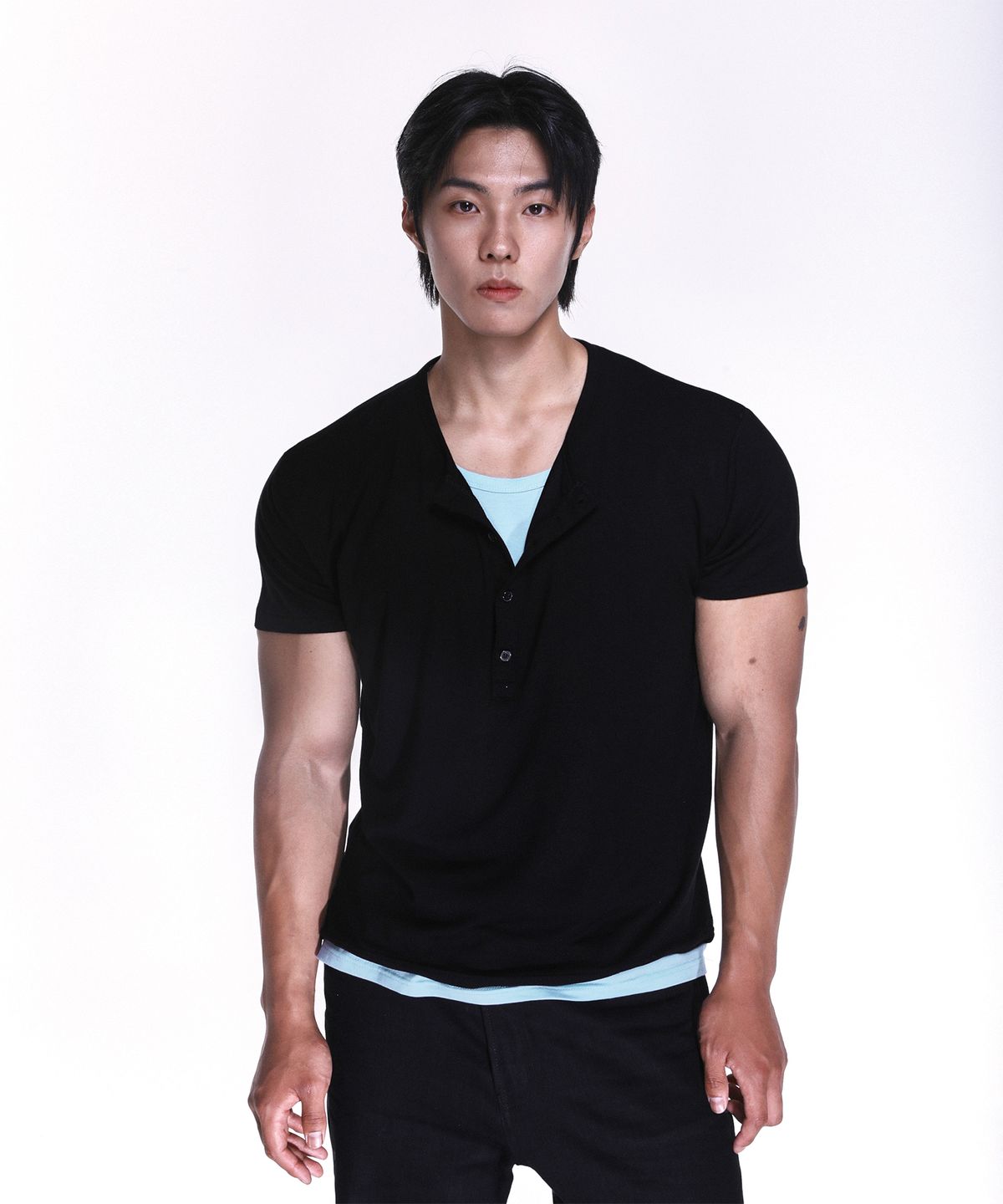 알브이디(RVD) 레이어드 소프트터치 헨리넥 머슬핏 반팔티 (멜란지그레이)