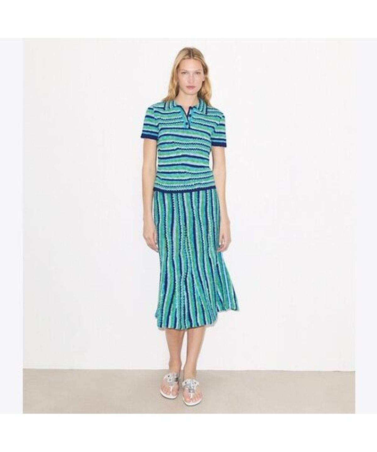 토리버치(TORYBURCH) 스트라이프 코튼 스커트 - 오션/라이트 블루/그린
