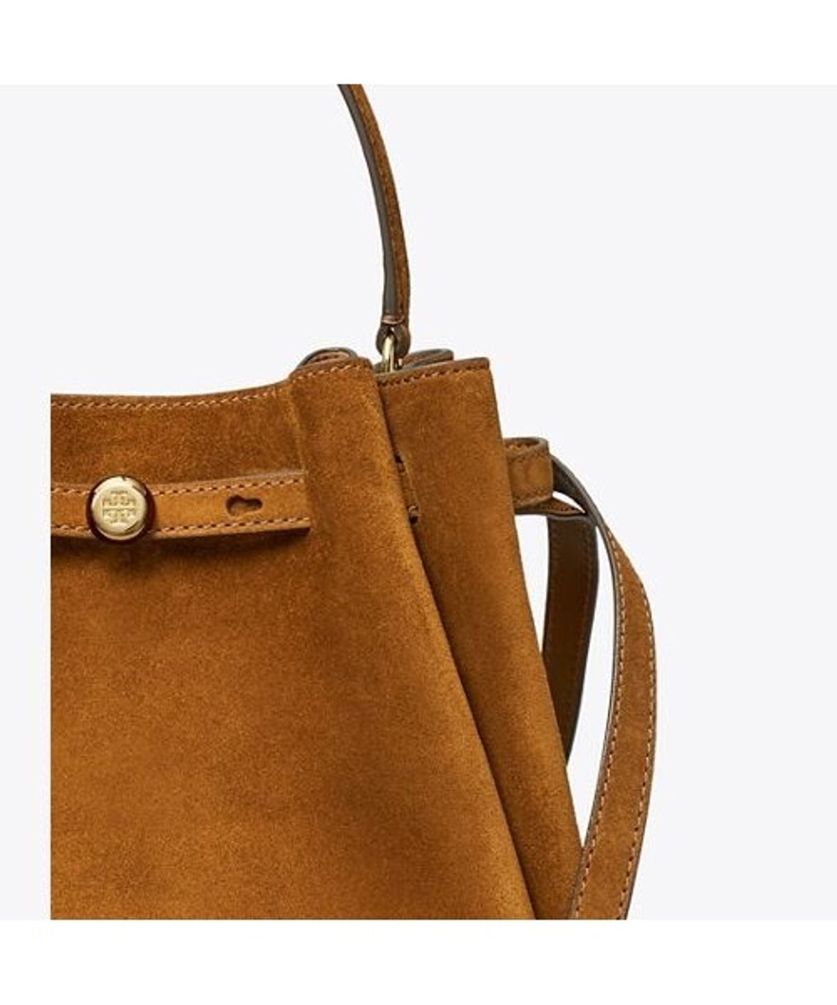 토리버치(TORYBURCH) 로미 스웨이드 버킷 백 - 카라멜