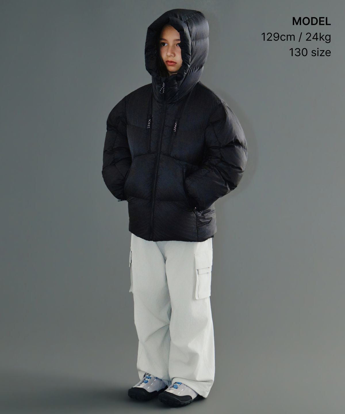무신사 스탠다드 키즈(MUSINSA STANDARD KIDS) [시티 레저] 시어 후디드 다운 재킷 [블랙]