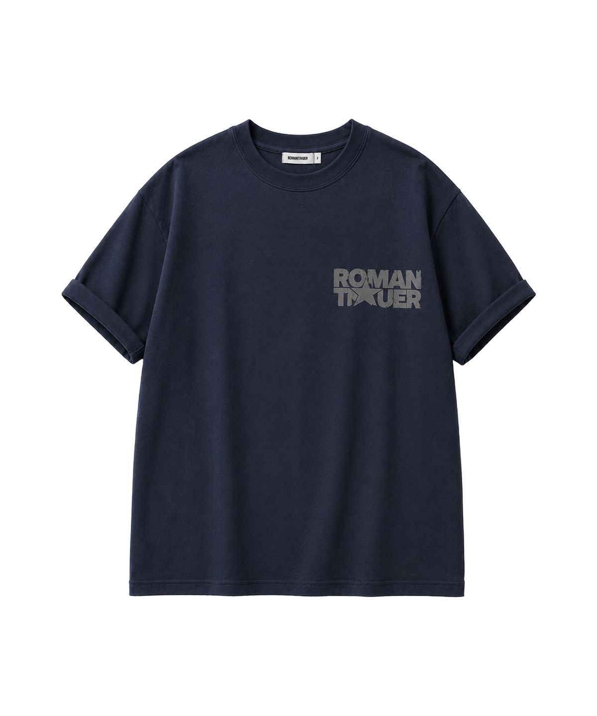 로맨티누어(ROMANTINUER) 디스트레스드 로고 오버핏 티셔츠 (네이비)