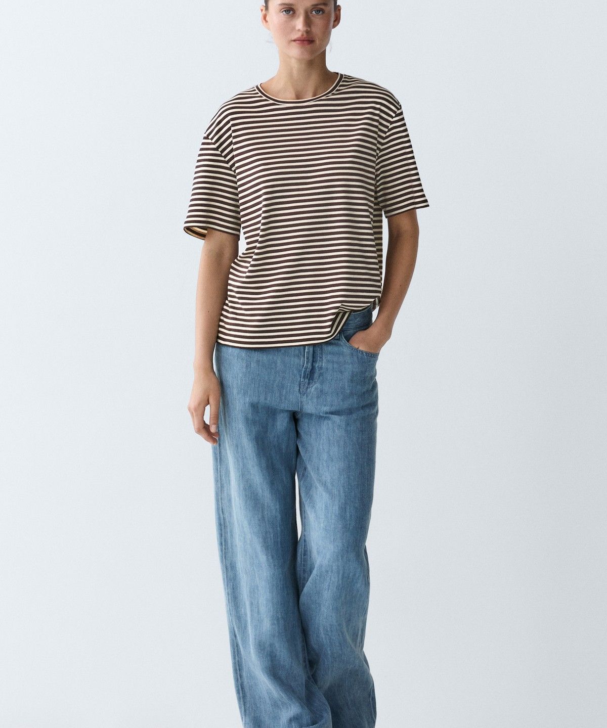 마시모두띠(MASSIMO DUTTI) 100% 코튼 스트라이프 반팔 티셔츠