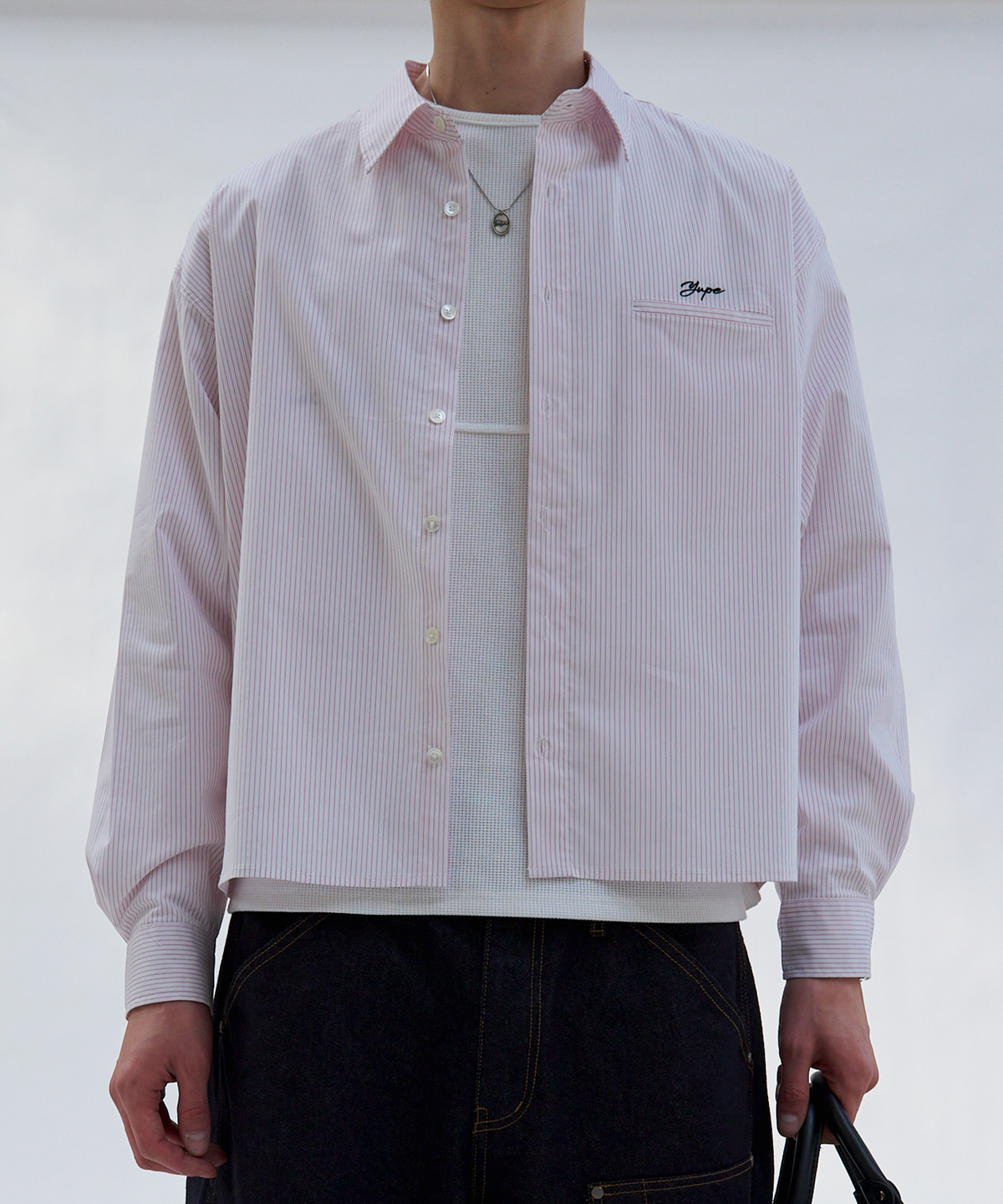 유프(YUPE) Stripe Crop Shirts - Pink