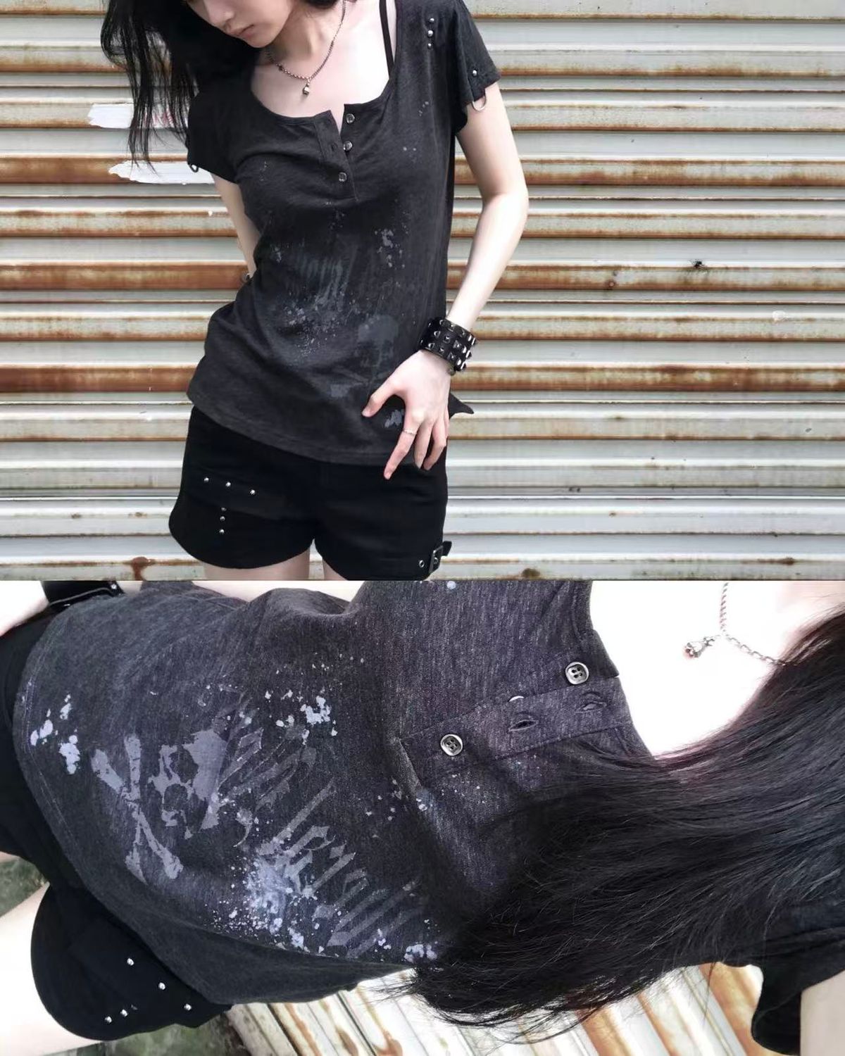 리버뉴스(LIBERALNEWS) WORN PUNK STUD FITTED T-SHIRT