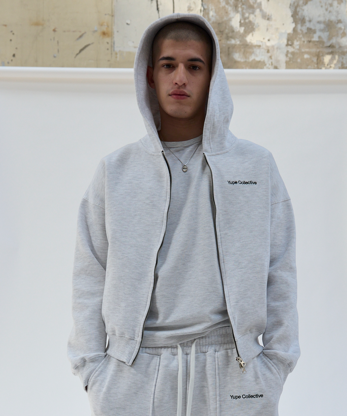유프(YUPE) Compact Hood Zip-up - White Melange