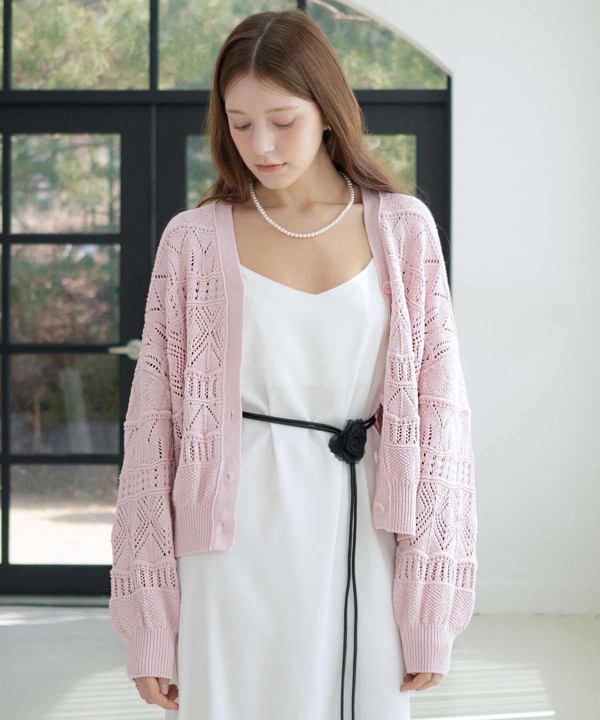 블레티(VLETI) [Cotton 100%] Pointelle V-Neck Cardigan (light pink)