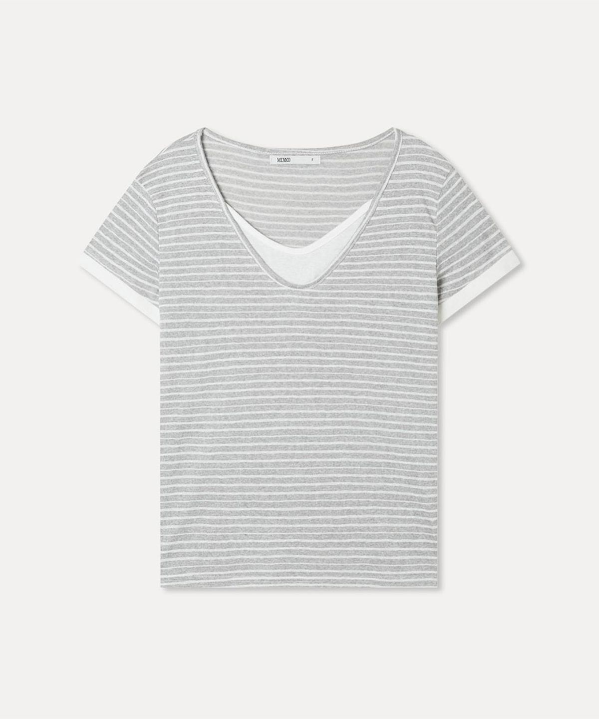 미쏘(MIXXO) 스트라이프 레이어드 반팔 티셔츠_MIWHWG98AA