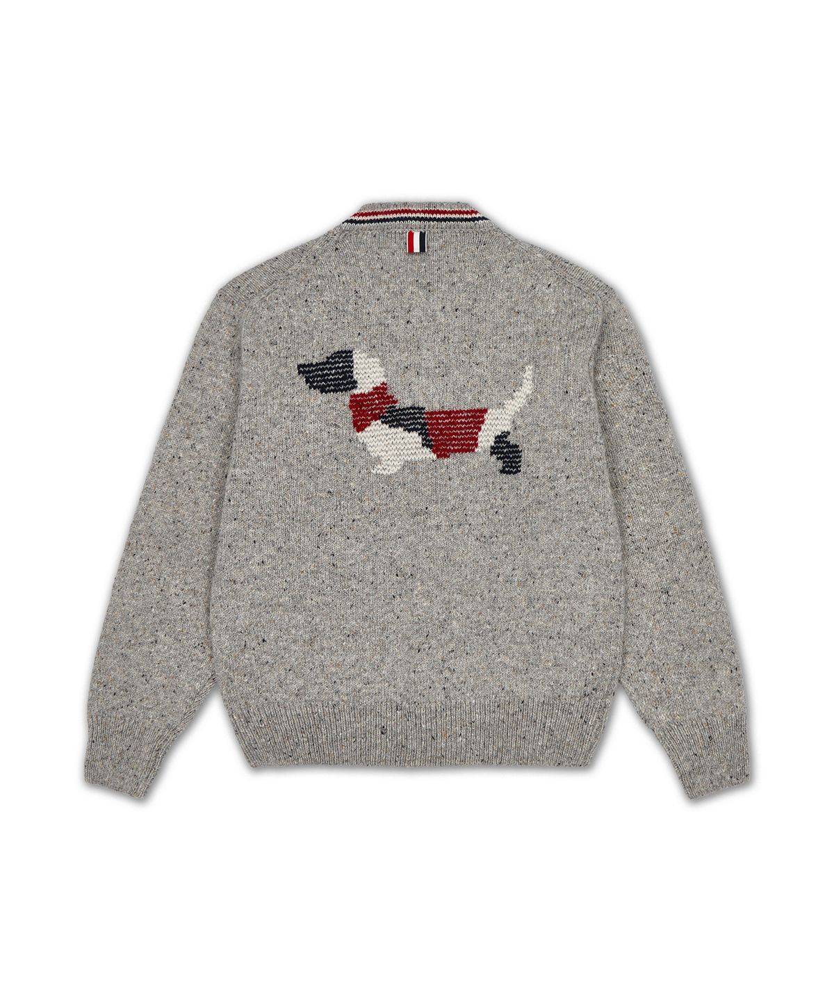 톰 브라운(THOM BROWNE) 도네갈 RWB 스트라이프 헥터 패치워크 저지 인타르샤 V넥 가디건 - 라이트 그레이 / MKC647AY1506055