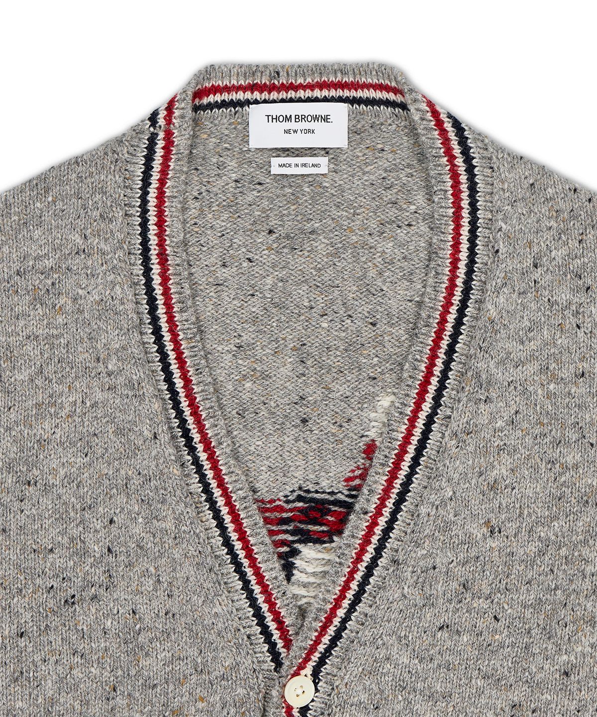 톰 브라운(THOM BROWNE) 도네갈 RWB 스트라이프 헥터 패치워크 저지 인타르샤 V넥 가디건 - 라이트 그레이 / MKC647AY1506055