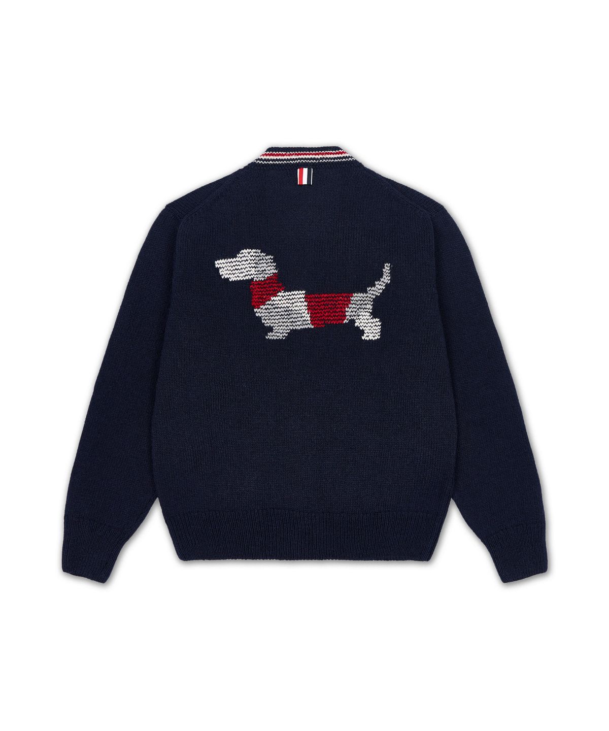 톰 브라운(THOM BROWNE) 도네갈 RWB 스트라이프 헥터 패치워크 저지 인타르샤 V넥 가디건 - 네이비 / MKC647AY1506415