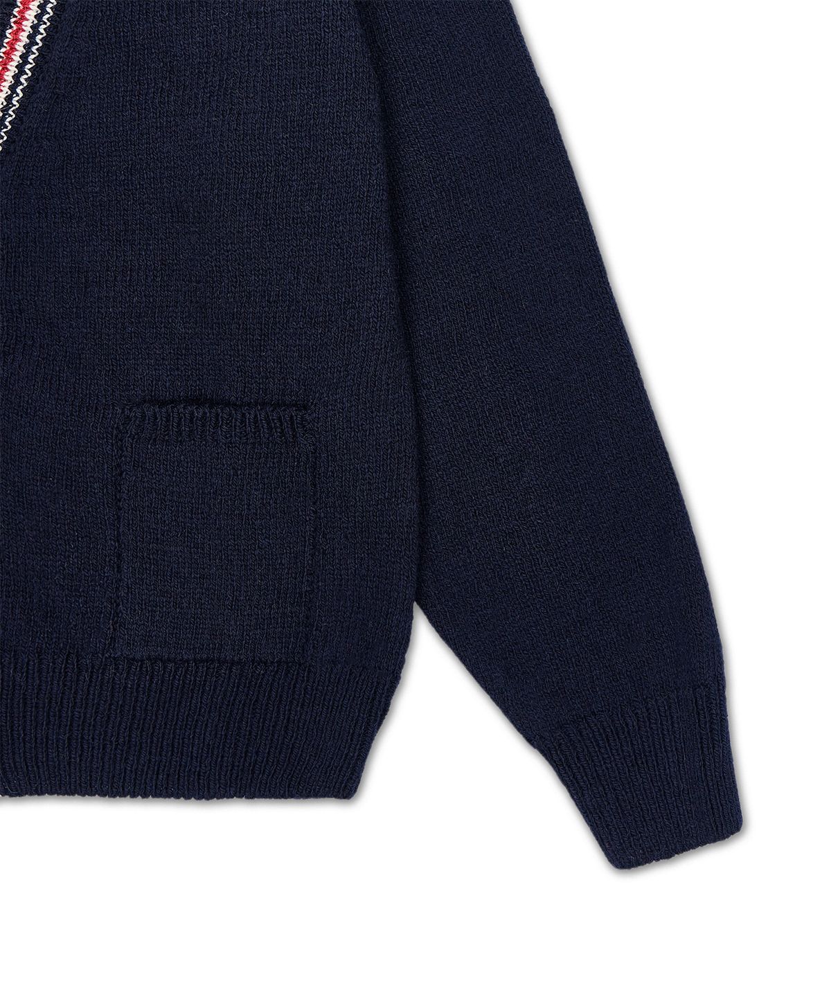 톰 브라운(THOM BROWNE) 도네갈 RWB 스트라이프 헥터 패치워크 저지 인타르샤 V넥 가디건 - 네이비 / MKC647AY1506415