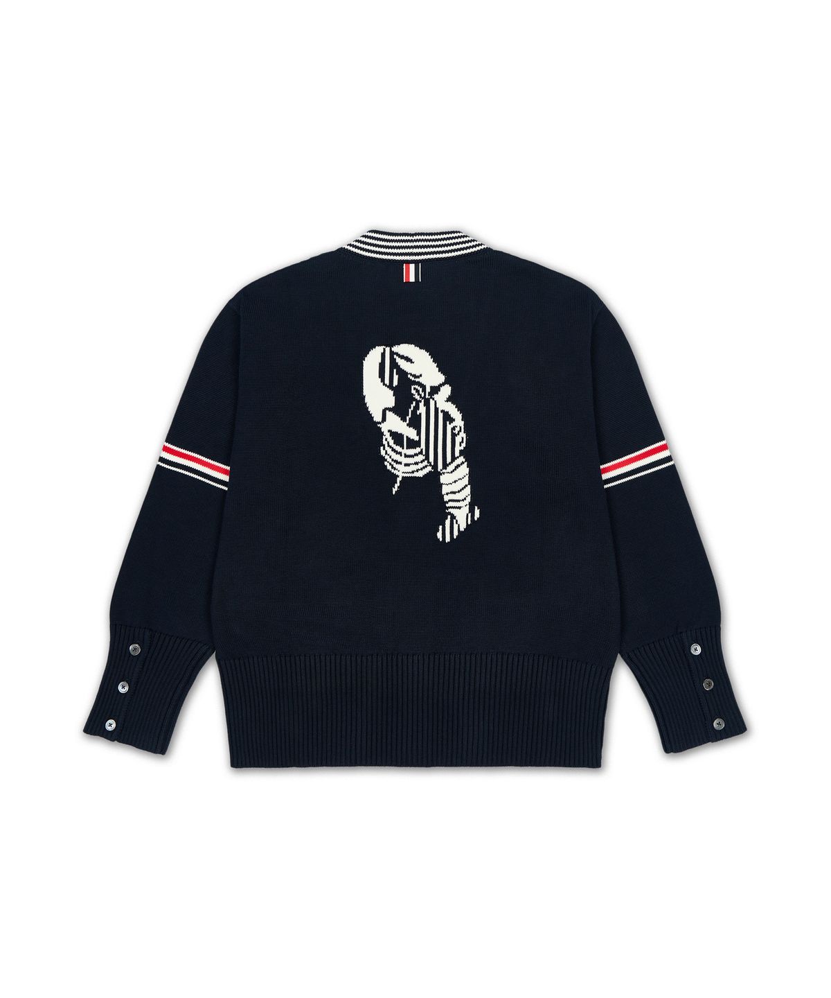 톰 브라운(THOM BROWNE) 코튼 RWB 스트라이프 랍스터 저지 스티치 V넥 가디건 - 네이비 / MKC645AY3043415
