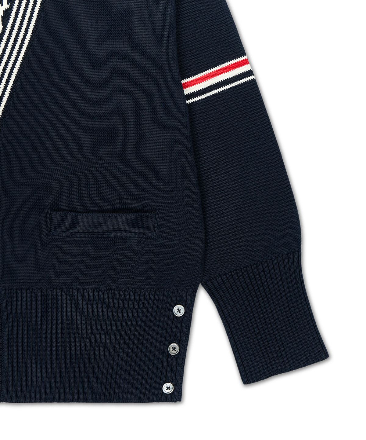 톰 브라운(THOM BROWNE) 코튼 RWB 스트라이프 랍스터 저지 스티치 V넥 가디건 - 네이비 / MKC645AY3043415