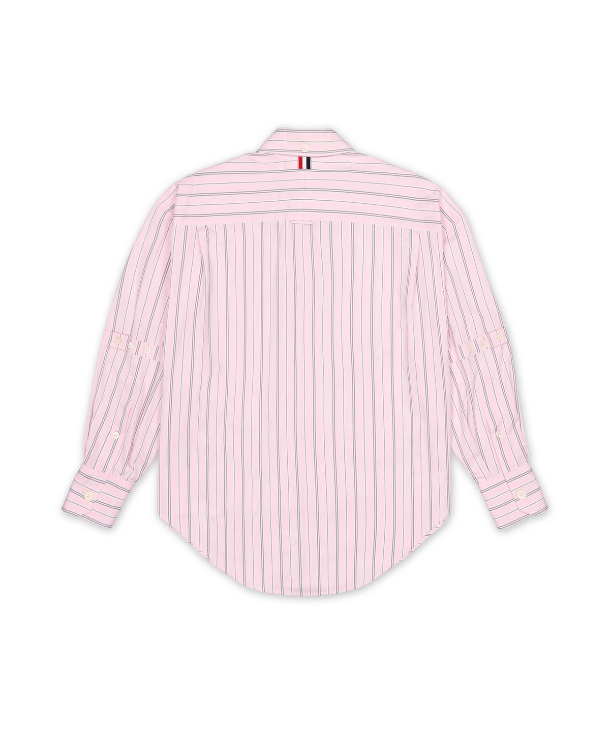 톰 브라운(THOM BROWNE) 와이드 헤어라인 스트라이프 얀 다이드 팝린 셀프 암밴드 오버사이즈 롱슬리브 포인트 칼라 셔츠 - 라이트 핑크 / FLL079OF1223680