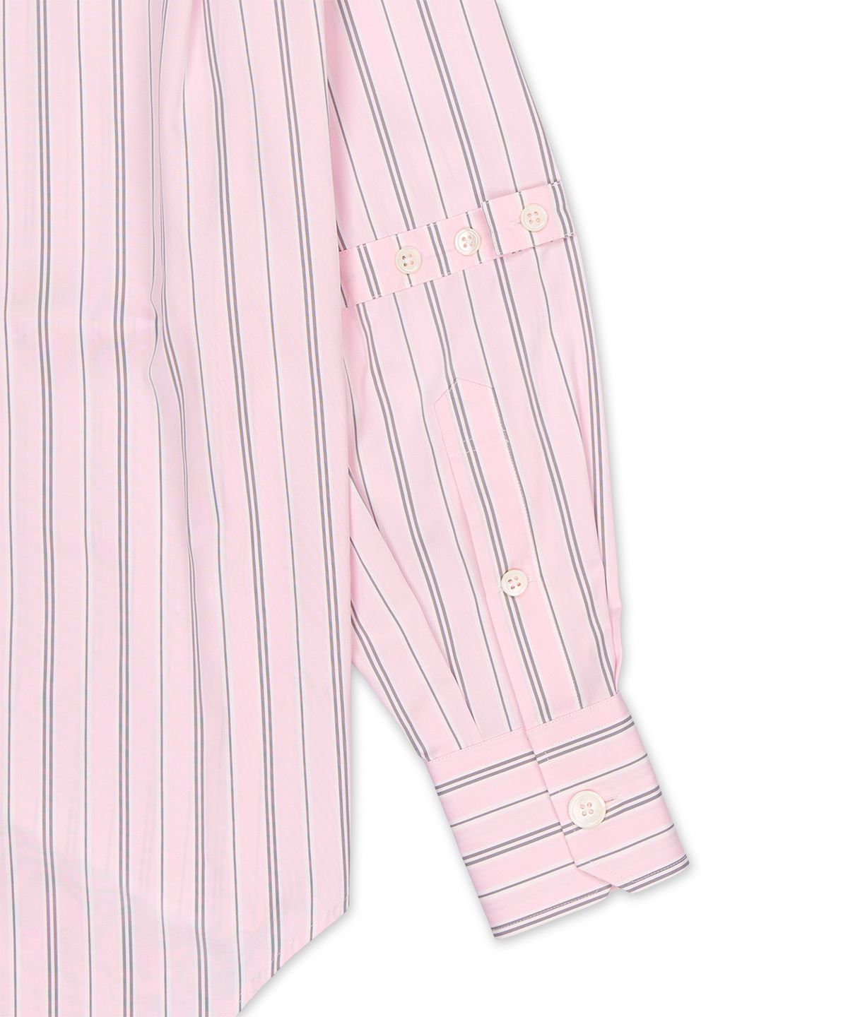 톰 브라운(THOM BROWNE) 와이드 헤어라인 스트라이프 얀 다이드 팝린 셀프 암밴드 오버사이즈 롱슬리브 포인트 칼라 셔츠 - 라이트 핑크 / FLL079OF1223680