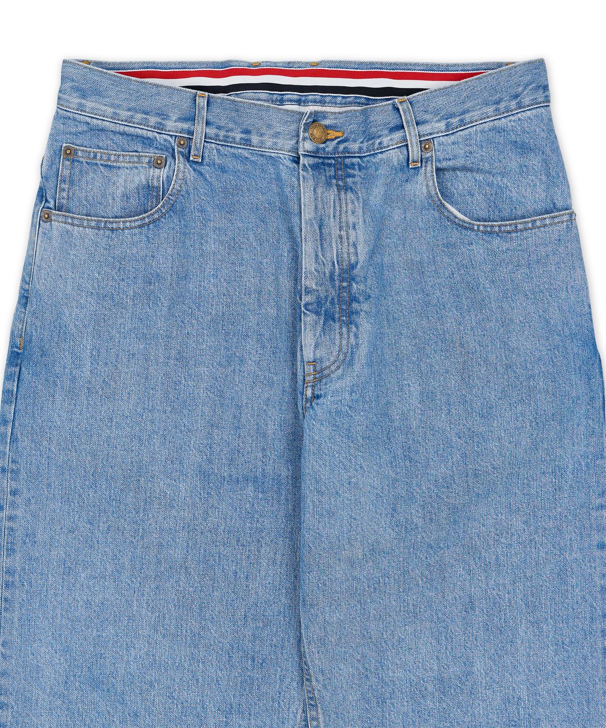 톰 브라운(THOM BROWNE) 워싱 일본 셀비지 데님 5포켓 팬츠 - 라이트 블루 / MTU345SF1215480