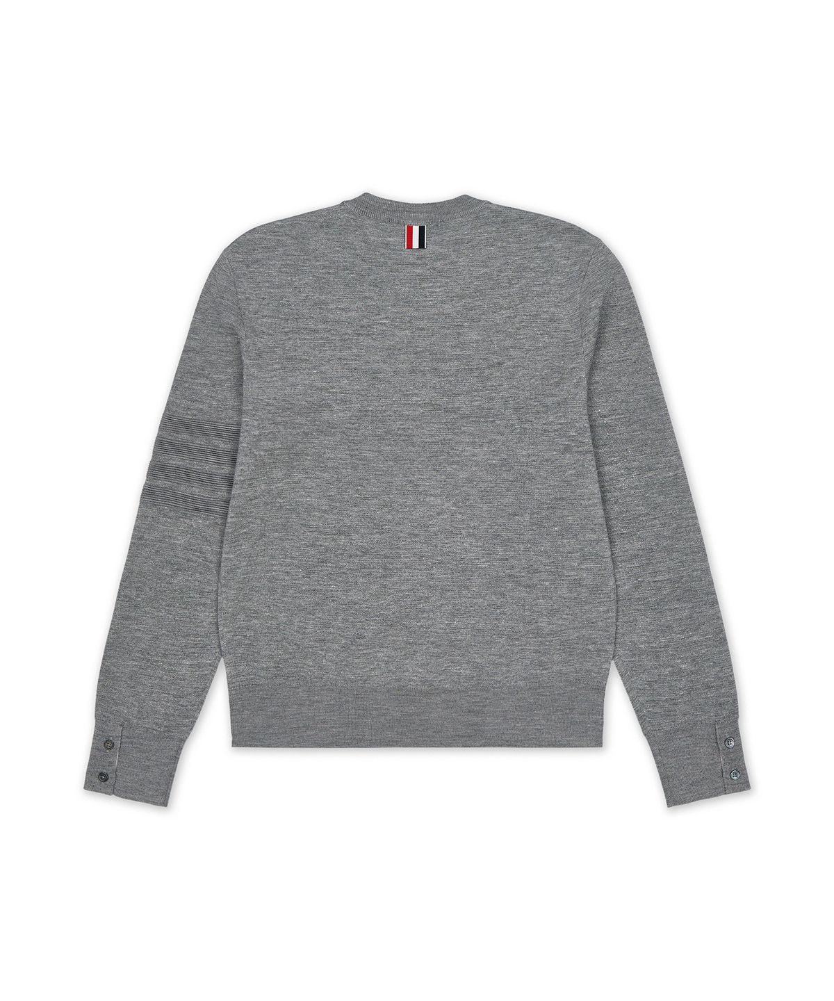 톰 브라운(THOM BROWNE) 메리노 & 리넨 오토만 스티치 4-바 스트라이프 밀라노 스티치 크루넥 니트 - 라이트 그레이 / MKA586AY1055055