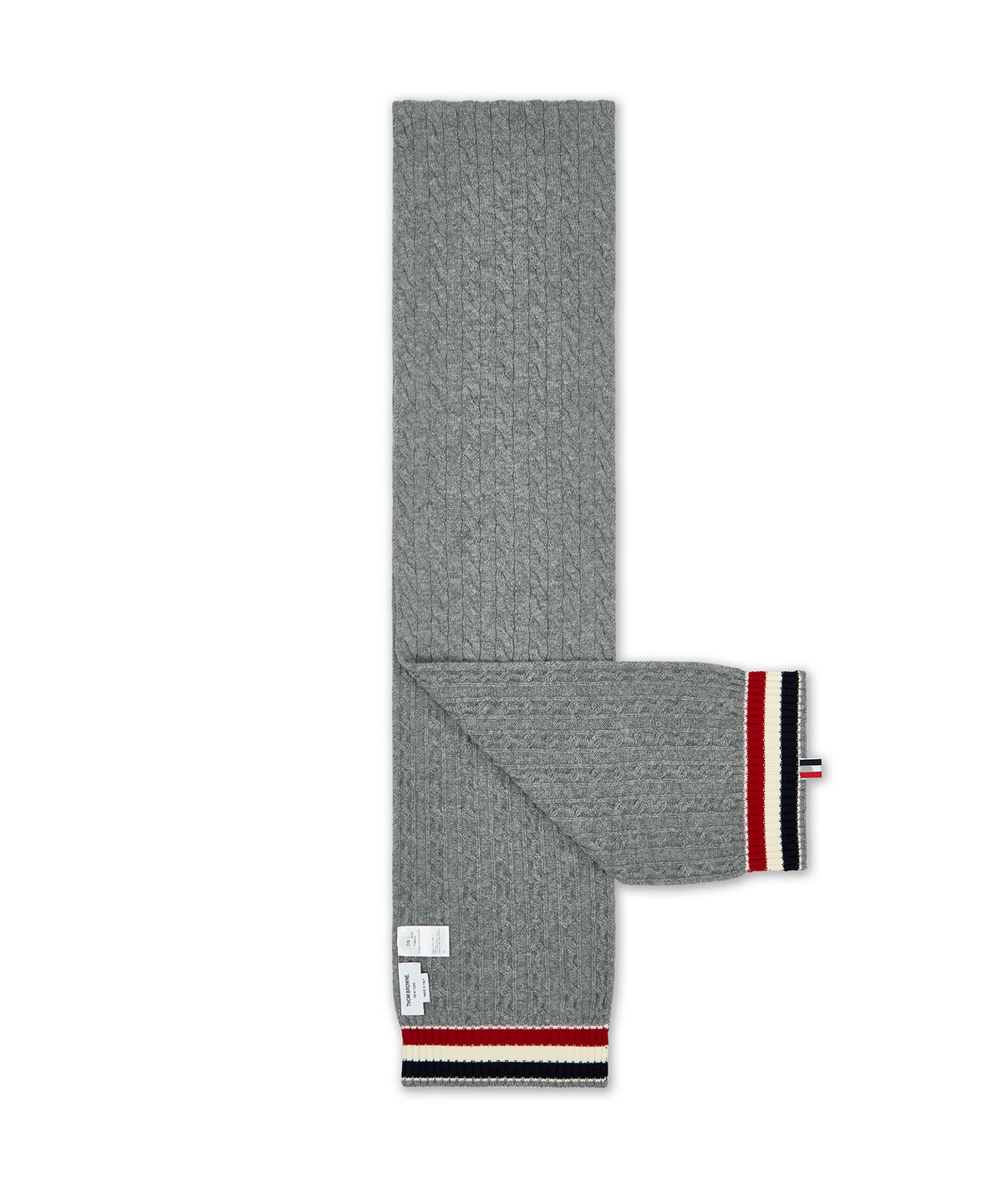 톰 브라운(THOM BROWNE) 메리노 울 RWB 스트라이프 케이블 & 리브 스카프 - 라이트 그레이 / MKS130AY1005055
