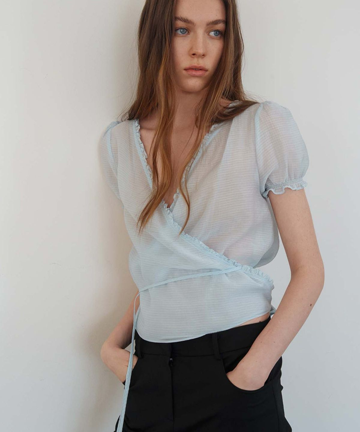 스러움(SEUREOUM) Sheer Check Wrap Blouse_Sky Blue