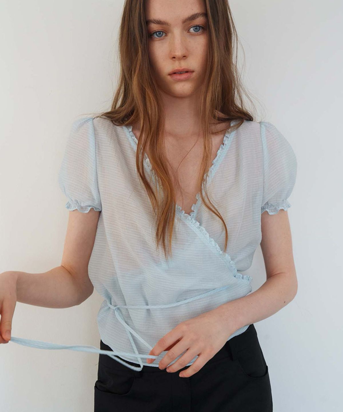 스러움(SEUREOUM) Sheer Check Wrap Blouse_Sky Blue