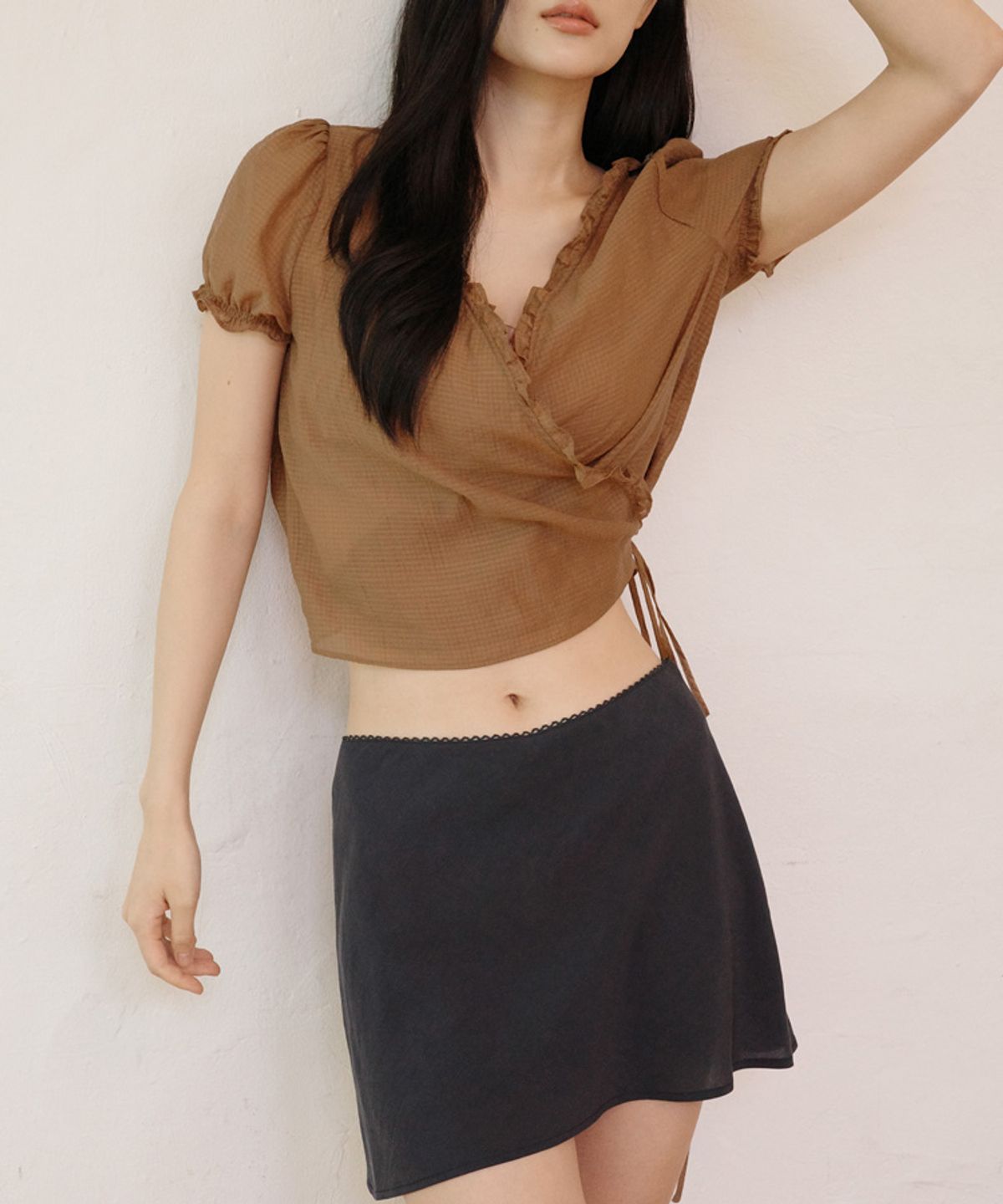 스러움(SEUREOUM) Sheer Check Wrap Blouse_Amber Glaze
